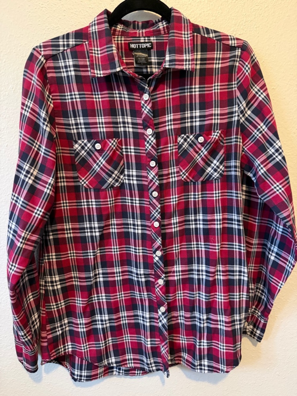 Hot Topic Red Navy Plaid Flannel Shirt